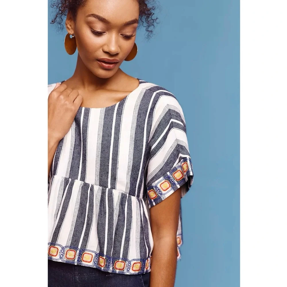 MAEVE Linen Navy Stripe Embroidered Short Sleeve Empire Waist Boho Chic Top L - Picture 6 of 8